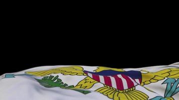 Virgin Islands US fabric flag waving on the wind loop. Virgin Islands US embroidery stiched cloth banner swaying on the breeze. Half-filled black background. Place for text. 20 seconds loop. 4k video