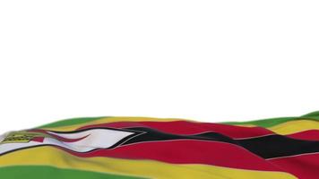 Zimbabwe stof vlag zwaaien op de wind lus. zimbabwe borduurwerk gestikte doek banner zwaaiend op de wind. halfgevulde witte achtergrond. plaats voor tekst. 20 seconden lus. 4k video