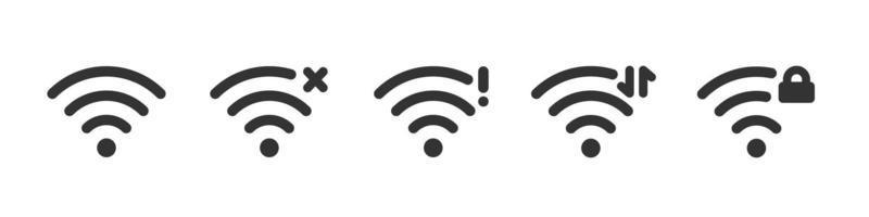 Wi Fi icons set - blocked, data transmission, network error. Wifi signal status icons. Wireless internet connection signal. Vector illustration isolated on white background