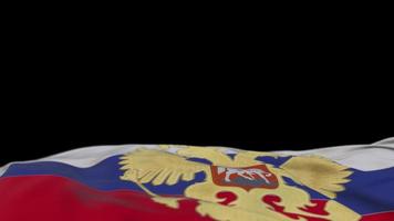 Russia fabric flag with coat of arms waving on the wind loop. Russian embroidery stiched cloth banner swaying on the breeze. Half-filled black background. Place for text. 20 seconds loop. 4k video