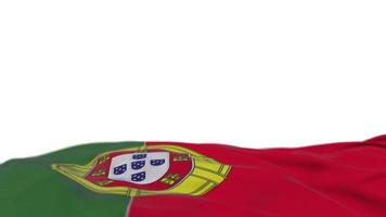 bandera de tela de portugal ondeando en el bucle de viento. pancarta de tela cosida bordada portuguesa balanceándose con la brisa. fondo blanco medio relleno. lugar para el texto. Bucle de 20 segundos. 4k video