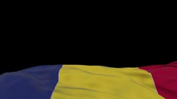 Romania fabric flag waving on the wind loop. Romanian embroidery stiched cloth banner swaying on the breeze. Half-filled black background. Place for text. 20 seconds loop. 4k video