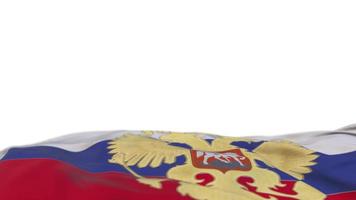 Russia fabric flag with coat of arms waving on the wind loop. Russian embroidery stiched cloth banner swaying on the breeze. Half-filled white background. Place for text. 20 seconds loop. 4k video