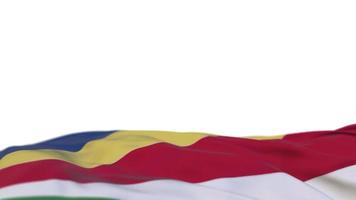 Seychellen-Stoffflagge weht auf der Windschlaufe. seychellen-stickerei genähtes stoffbanner, das sich im wind bewegt. halb gefüllter weißer Hintergrund. Platz für Texte. 20 Sekunden Schleife. 4k video