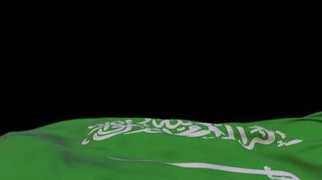 saudi-arabische stofffahne weht auf der windschleife. saudi-arabische stickerei genähtes stoffbanner, das sich im wind bewegt. halb gefüllter weißer Hintergrund. Platz für Texte. 20 Sekunden Schleife. 4k video