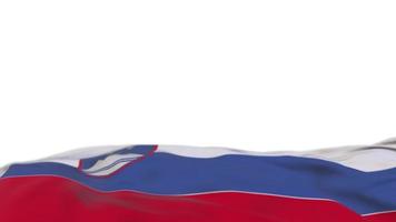 Slovenia fabric flag waving on the wind loop. Slovenian embroidery stiched cloth banner swaying on the breeze. Half-filled white background. Place for text. 20 seconds loop. 4k video