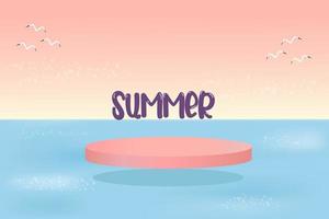 vector 3D scene with podium and abstract background.Summer banner with sea .  podium for cosmetic product presentation.