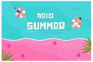 vector  top view. background Summer banner with sea . umbrellas, ball, swim , ring. Horizontal poster.