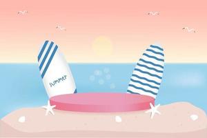 vector 3D scene with podium and abstract background.Summer banner with sea .  podium for cosmetic product presentation.