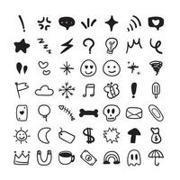 Hand drawn emoji symbol icon. Black. Such as stars, hearts, silver, crown, sun. Separate background colors. illustration, vector