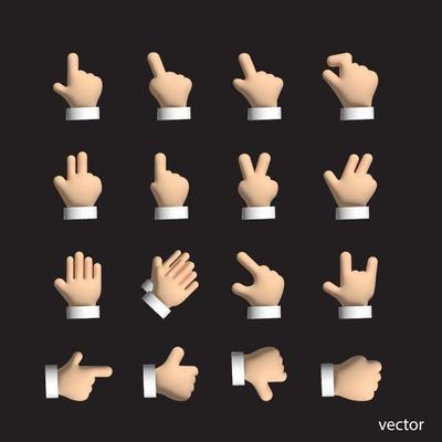 vector Hands collection d3  icon. Hand counting and hand gesture icon such as like, love, fist .  isolated background. illustration.