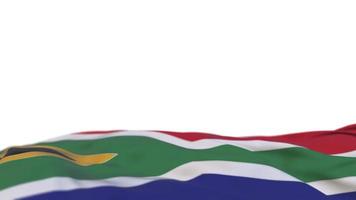 sydafrika tygflagga vajande på vindslingan. sydafrikanska broderier sticked tyg banner vajande på vinden. halvfylld vit bakgrund. plats för text. 20 sekunders loop. 4k video