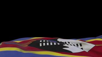 Swaziland fabric flag waving on the wind loop. Swazi embroidery stiched cloth banner swaying on the breeze. Half-filled black background. Place for text. 20 seconds loop. 4k video