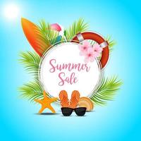 Summer sale banner design with colorful beach elements vector