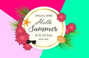 Summer sale background with palm leaves and flowers vector
