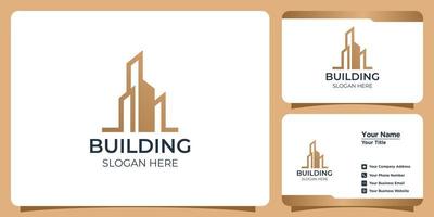 Minimalist building Logo set with line art style logo design and business card template vector