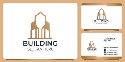 Minimalist building Logo set with line art style logo design and business card template vector