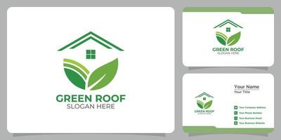 set of green roof logo and business card vector