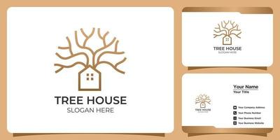 conjunto de logotipos y tarjetas de visita de plantillas de casas de árboles modernas dibujadas a mano vector