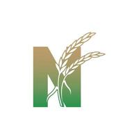 Letter N with rice plant icon illustration template