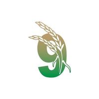 Number 9 with rice plant icon illustration template vector
