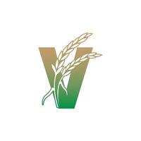 Letter V with rice plant icon illustration template vector