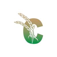 Letter C with rice plant icon illustration template vector