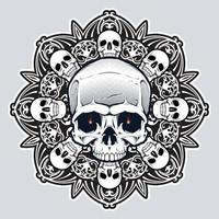 Human Skull over Mandala. Tattoo flesh design. Boho print, poster, t-shirt textile. Isolated vector illustration.