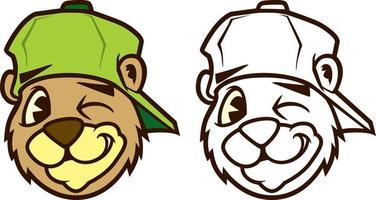 Cool brown cartoon hip hop bear character with cap. Winking. Vector clip art illustration
