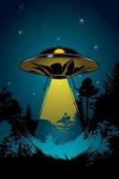 Background with flying UFO, star sky and black forest. vector