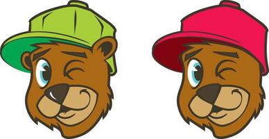 Cool brown cartoon hip hop bear character with cap. Winking. Vector clip art illustration