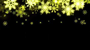 Animation yellow snowflake sparkle frame on black background. video