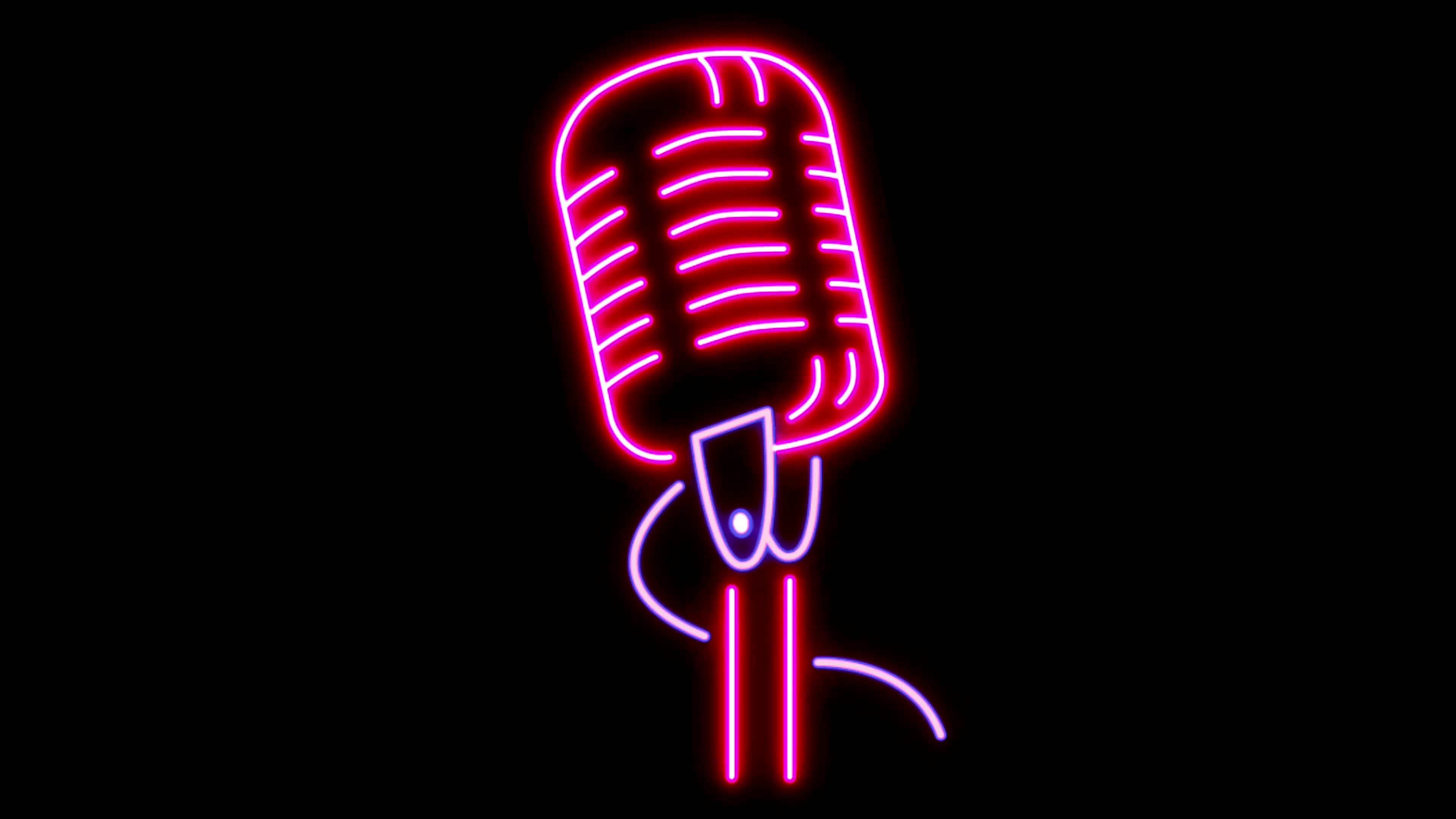 Animation red microphone neon light shape isolate on black background