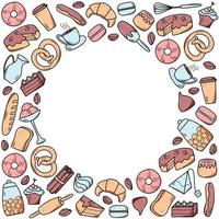 Vector elements of sweet snacks and pastries, coffee dishes. Excellent for decorating cafes and menus. Doodle icon style