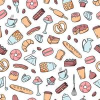 Seamless pattern Vector elements of sweet snacks and pastries, coffee dishes. Excellent for decorating cafes and menus. Doodle icon style