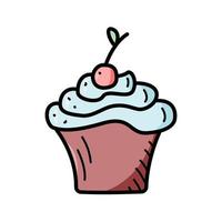 Vector illustration of a sweet dessert cupcake with milk cream and cherries.