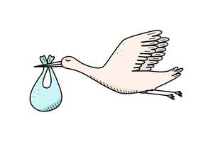 Stork and newborn cartoon doodle. Vector illustration of the concept of the birth or appearance of a baby.