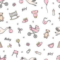 Seamless Pattern Newborn icons set for a baby girl. Vector illustration of elements for a little baby. baby stroller, baby work, rattles and teddy bear and much more