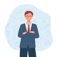 A businessman in a suit with folded hands. Vector illustration of an office worker