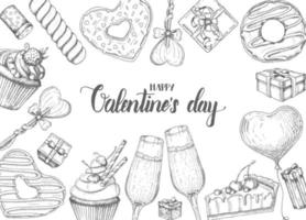 fondo del día de san valentín con objetos dibujados a mano de garabato en estilo boceto: piruleta, donut glaseado, copa de champán, cajas de regalo, pastel y cupcake. feliz día de san valentín - frase de caligrafía de letras vector
