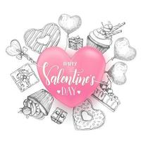 Valentines Day background with doodle hand drawn objects in sketch style-lollipop, glazed donut, glass of champagne, gift boxes, pie,cupcake around 3d realistic heart.Happy Valentines Day - Lettering vector