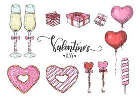 día de san valentín con coloridos objetos dibujados a mano en estilo boceto: piruleta, donut glaseado, copa de champán, cajas de regalo, globos.feliz día de san valentín - letras vector