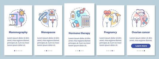 Women healthcare onboarding mobile app page screen with linear concepts. Pregnancy, ovarian cancer, menopause. Walkthrough steps graphic instructions. UX, UI, GUI vector template with illustrations