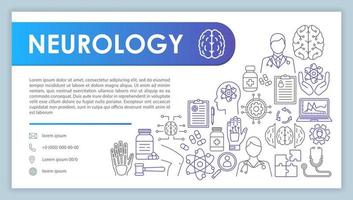 Neurology web banner, business card vector template. Medical company contact page with phone, email linear icons. Brain study research presentation, web page idea. Corporate print design layout