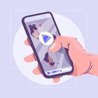 Mobile video watching flat vector illustration. Modern entertainment, multimedia cartoon concept. Media player application interface idea. Hand holding smartphone with play button on display