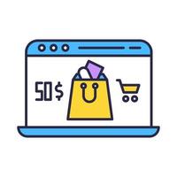 Online store app color icon. Laptop screen with price and shopping bag. Choosing and adding goods to basket. Doing purchases in internet shop. Digital commerce. Isolated vector illustration