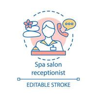 Spa salon receptionist concept icon. Secretary, manager idea thin line illustration. Woman making registration. Making reservation. Reception service. Vector isolated outline drawing. Editable stroke