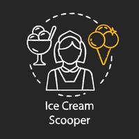 icono de tiza de cuchara de helado. trabajo de servicio de alimentos y bebidas. catering, cafetería, trabajador de heladería, personal. Trabajo de medio tiempo. trabajo de nivel de entrada. ilustración de pizarra de vector aislado