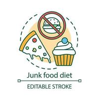 Junk food diet concept icon. Unhealthy nutrition idea thin line illustration. Fastfood rejection, healthy lifestyle. Tasty cupcake, pizza and burger vector isolated outline drawing. Editable stroke..