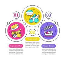 Vegan menu vector infographic template. Business presentation design elements. Data visualization with three steps and options. Process timeline chart. Workflow layout with linear icons
